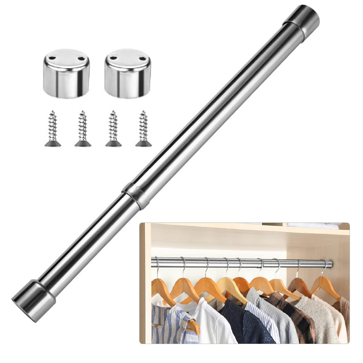 Extendable Clothes Rail,31-51cm Extendable Wardrobe Rail Adjustable Stainless Steel Wardrobe Rod with End Sockets and Screws Adjustable Wardrobe Rail