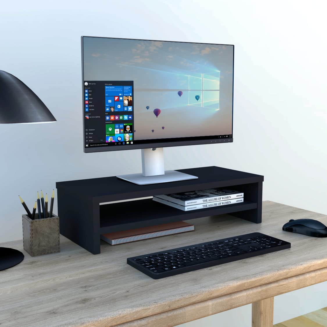 Henor Wooden TV Riser Monitor Stand with Intermediate Shelf 62 x 26.5 x 16 cm. Supports 50 kg.Graphite.