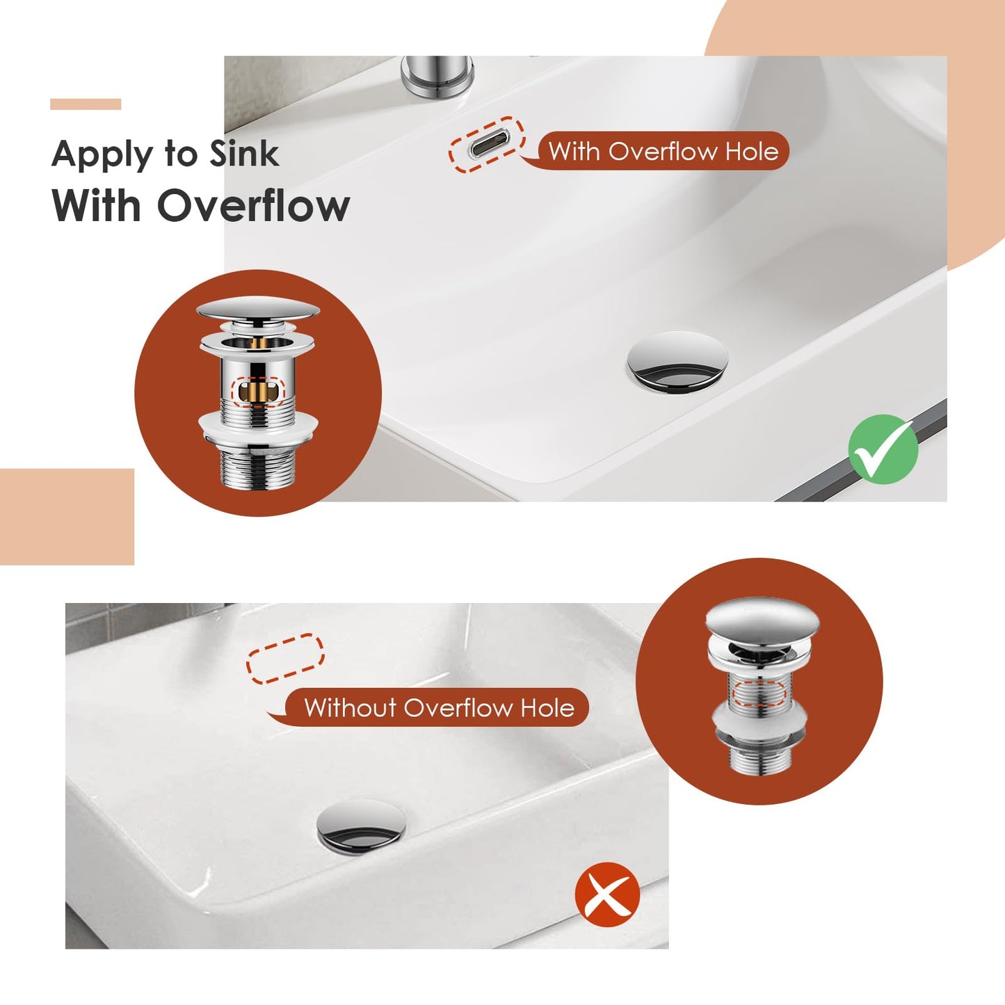 Peppermint Pop Up Sink Waste Slotted Click Clack Waste Plug with Overflow for Bathroom Basins, Vessel Sinks, Chrome Bathroom Basin Waste