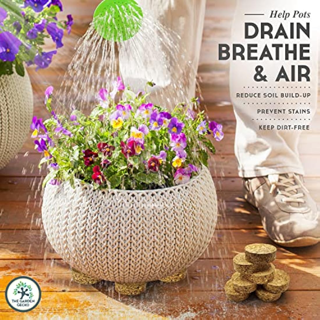 The Garden Gecko Invisible Pot feet for outdoor plant pots and flowers solid agglomerated cork, large-grain pot risers | 24 PACK | Cork