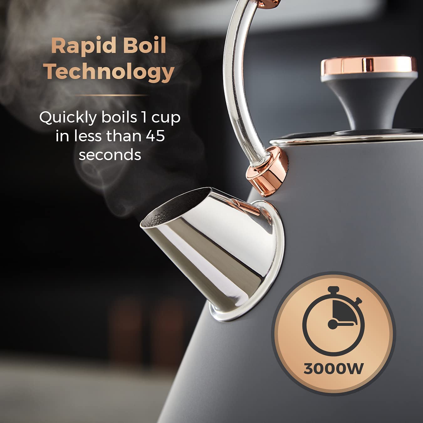 Tower T10044RGG Cavaletto Pyramid Kettle with Fast Boil, Detachable Filter, 1.7 Litre, 3000 W, Grey and Rose Gold