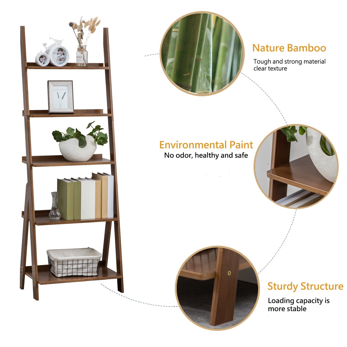 SOBIBO Bamboo Ladder Shelf, 5-Tier Storage Rack，Bookshelf, Free Standing Organizer Storage Shelves Flower Plant Stand Rack Brown