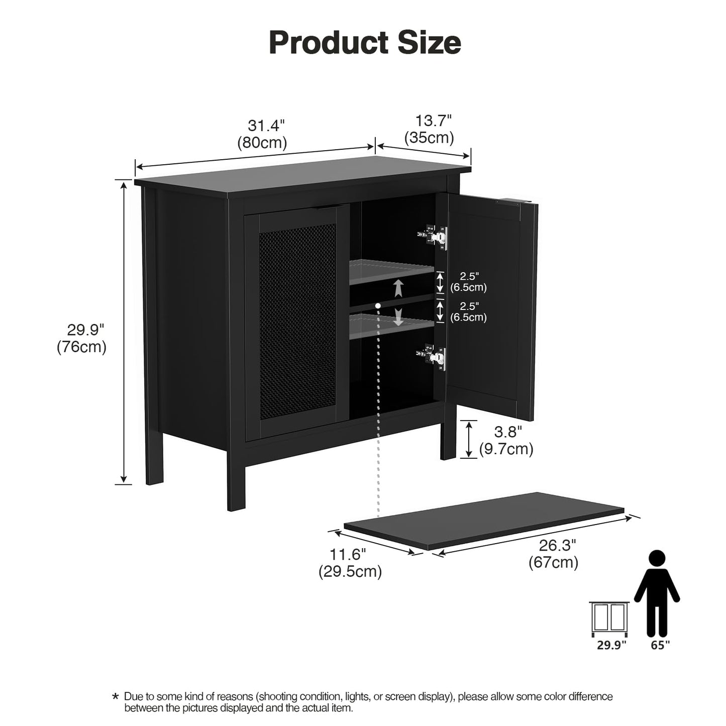 Yvsevnr Rattan Buffet Cabinet Black Sideboard Kitchen Cupboard Storage Cabinet with Adjustable Shelf, Solid Wood Legs