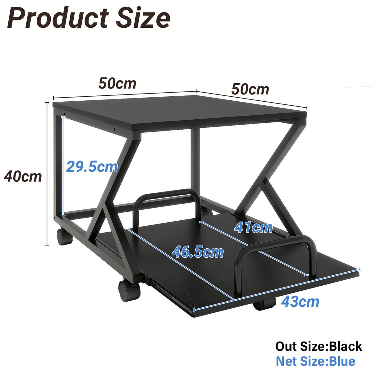 PUNCIA 50x50cm 2-Tier Printer Stand with Pull Out Shelf Black