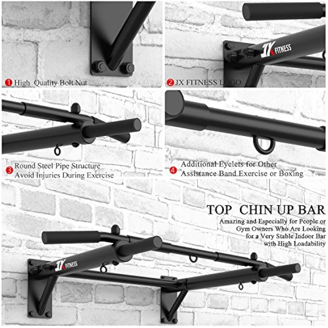 JX FITNESS Pull Up Bar Wall Mounted Chin Up Bar Home Gym Punch Bag and TRX Training Hook Exercise Bracket Upper Body Workout Bar