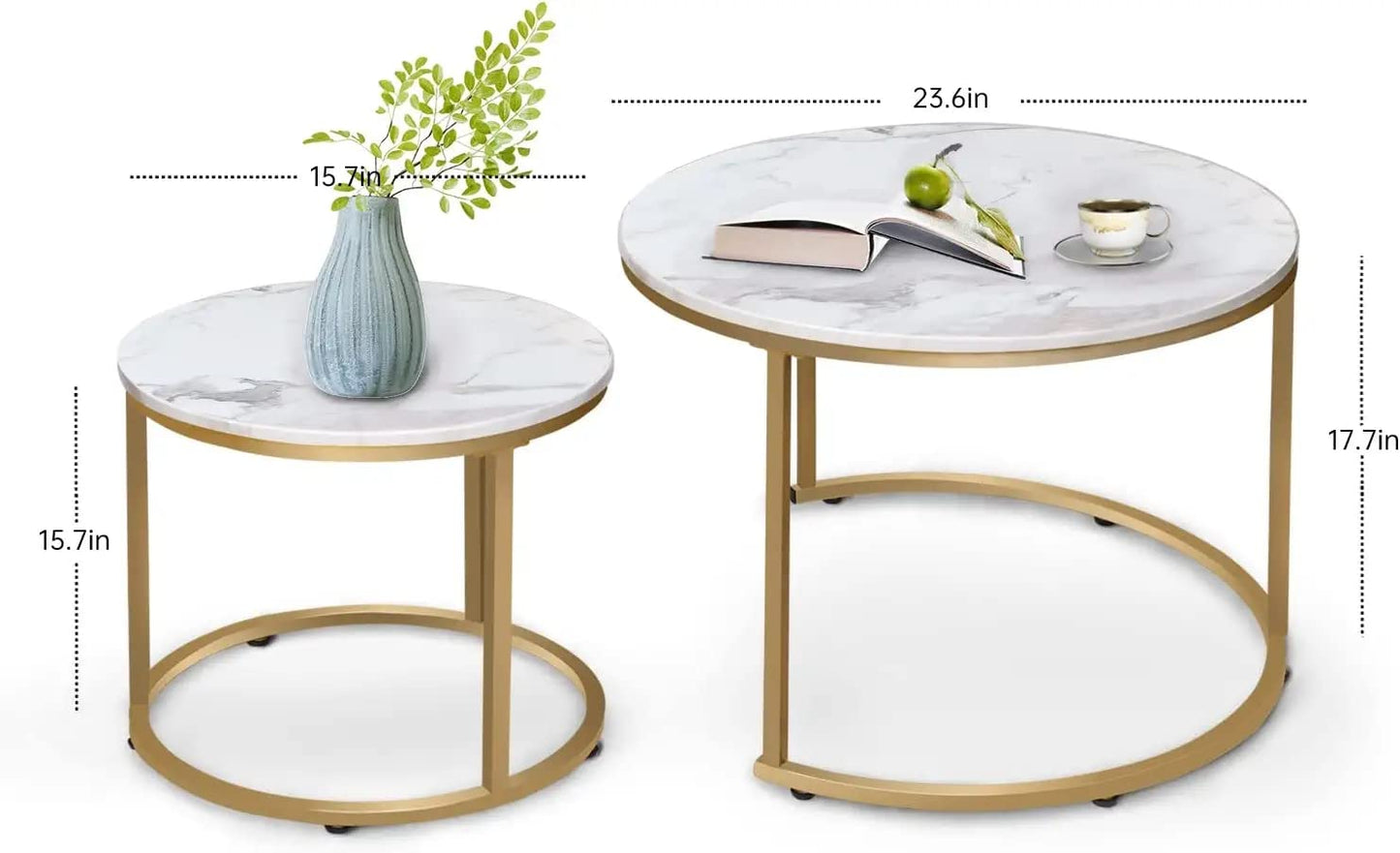 HEYZOEY Round Coffee Tables, Removable Set of 2 End Table, Nesting Tables with Gold Metal Frame Legs and Marble White Top for Living Room, Bedroom
