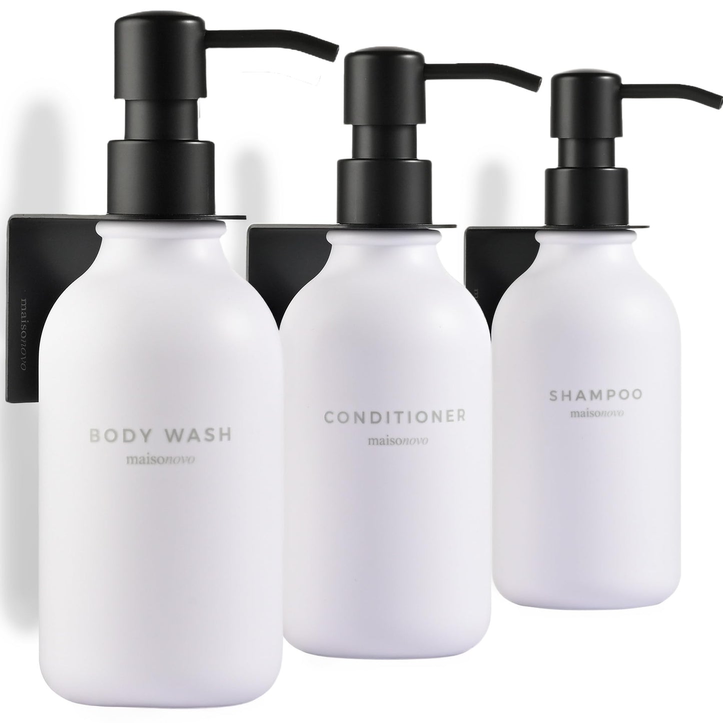 MaisoNovo Shampoo and Conditioner Dispenser - Shower Soap Dispenser Wall Mounted - 500 ml Set of 3 White Plastic Bottles Black Pump - 3 Chamber No