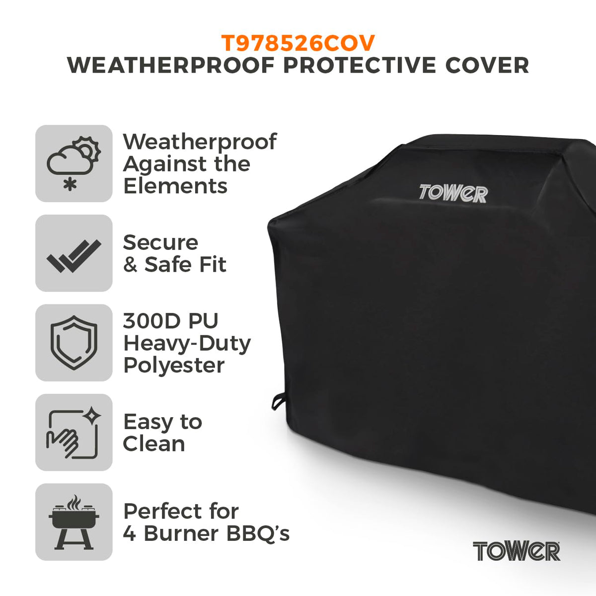Tower Extra Large BBQ Cover - Heavy-Duty Waterproof & Windproof Outdoor Gas Grill Cover, UV Resistant, Black (H124.8 x W153 x D48cm)