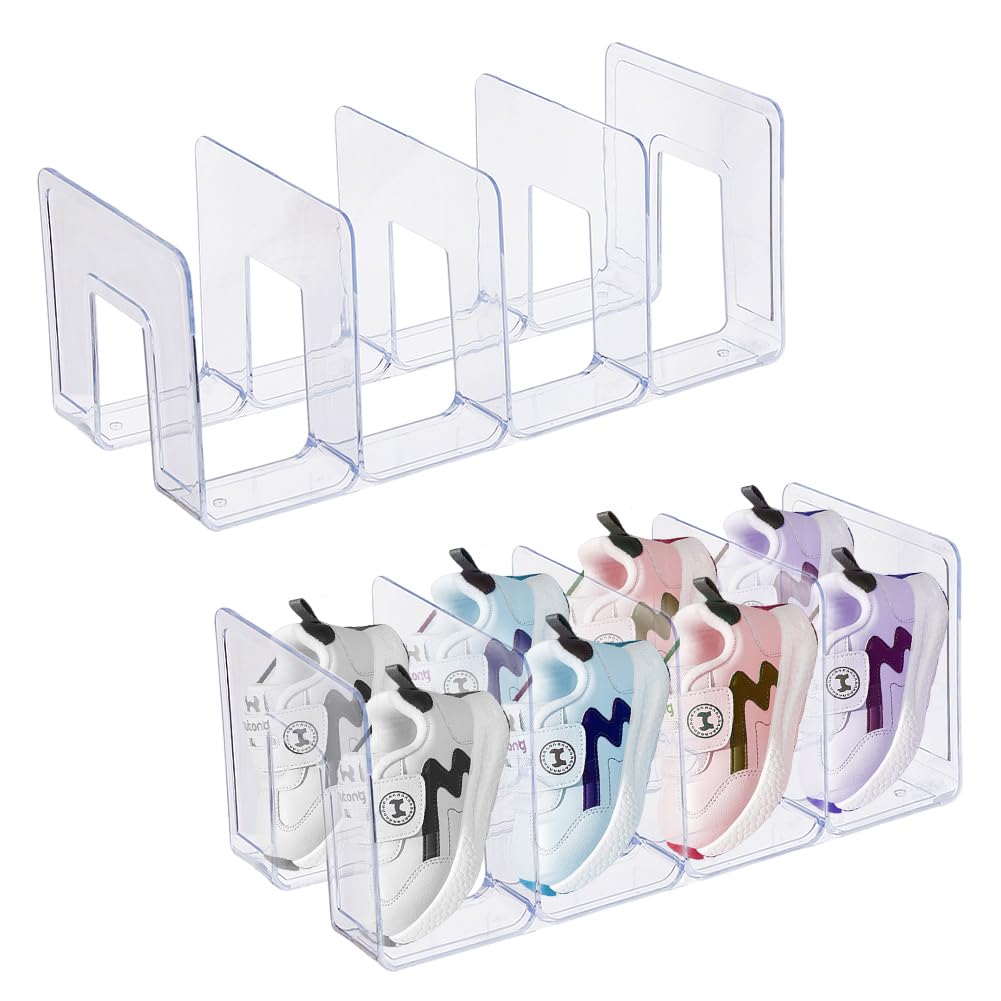 DICOSMETIC 2Pcs 4 Girds Clear Small Shoe Rack Plastic Shoes Holder 12.6x5.7x5.08 Inch Shoes Display Organizer Stackable Shoe Storage Shelf for Home