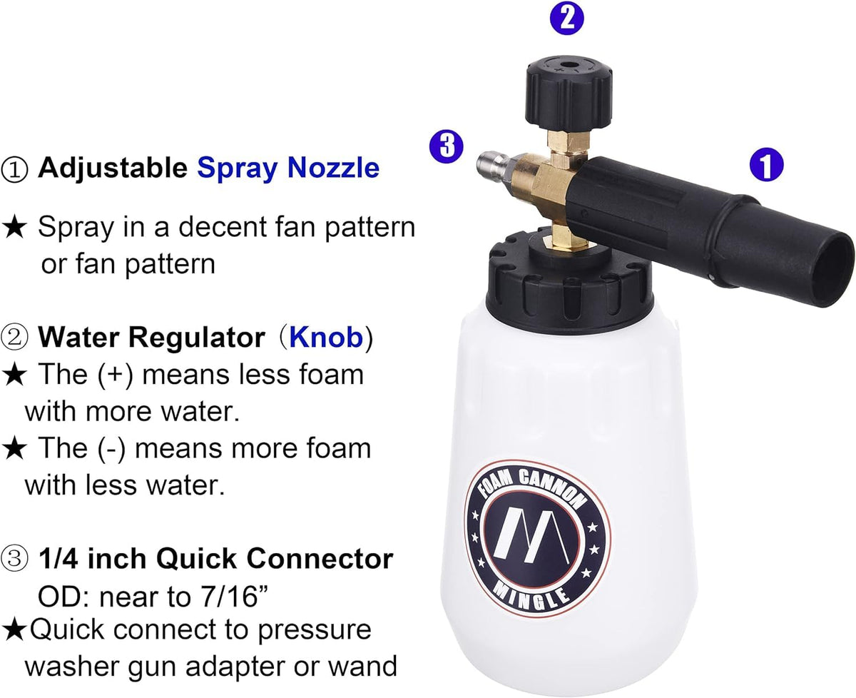 M MINGLE Foam Cannon, Replacement Parts for Karcher K2, K3, K4, K5, K6, K7 Pressure Washer, with 5 Nozzle Tips, 1/4 Inch Quick Connector