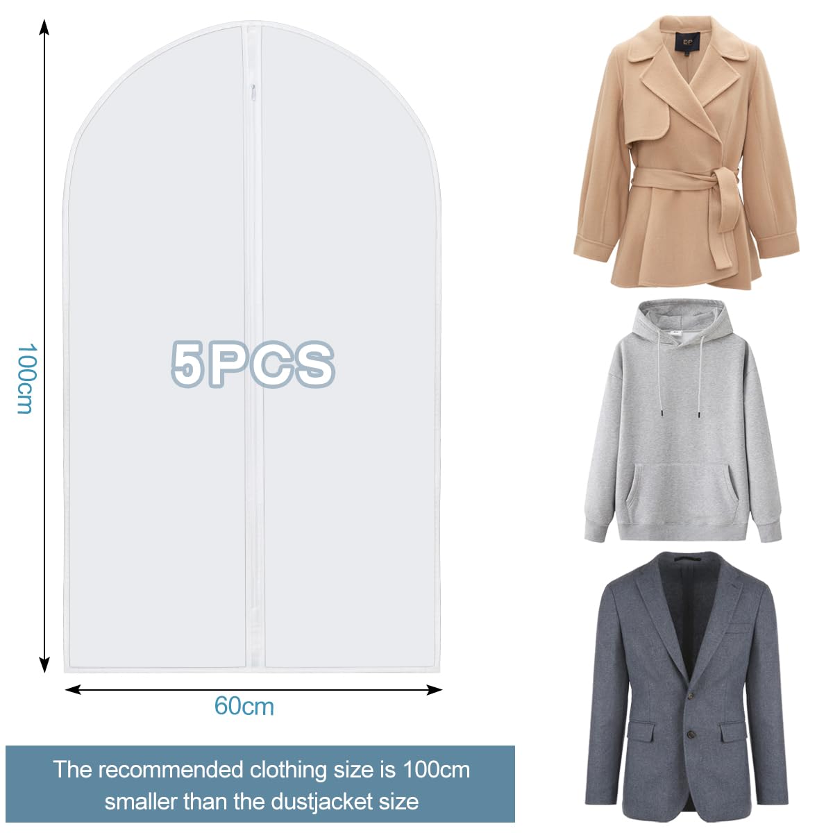 Friedwohl Pack of 5 Transparent Garment Bags, 60 x 100 cm, Zipper Closure, PEVA Material, Ideal for Suits, Dresses, Skirts