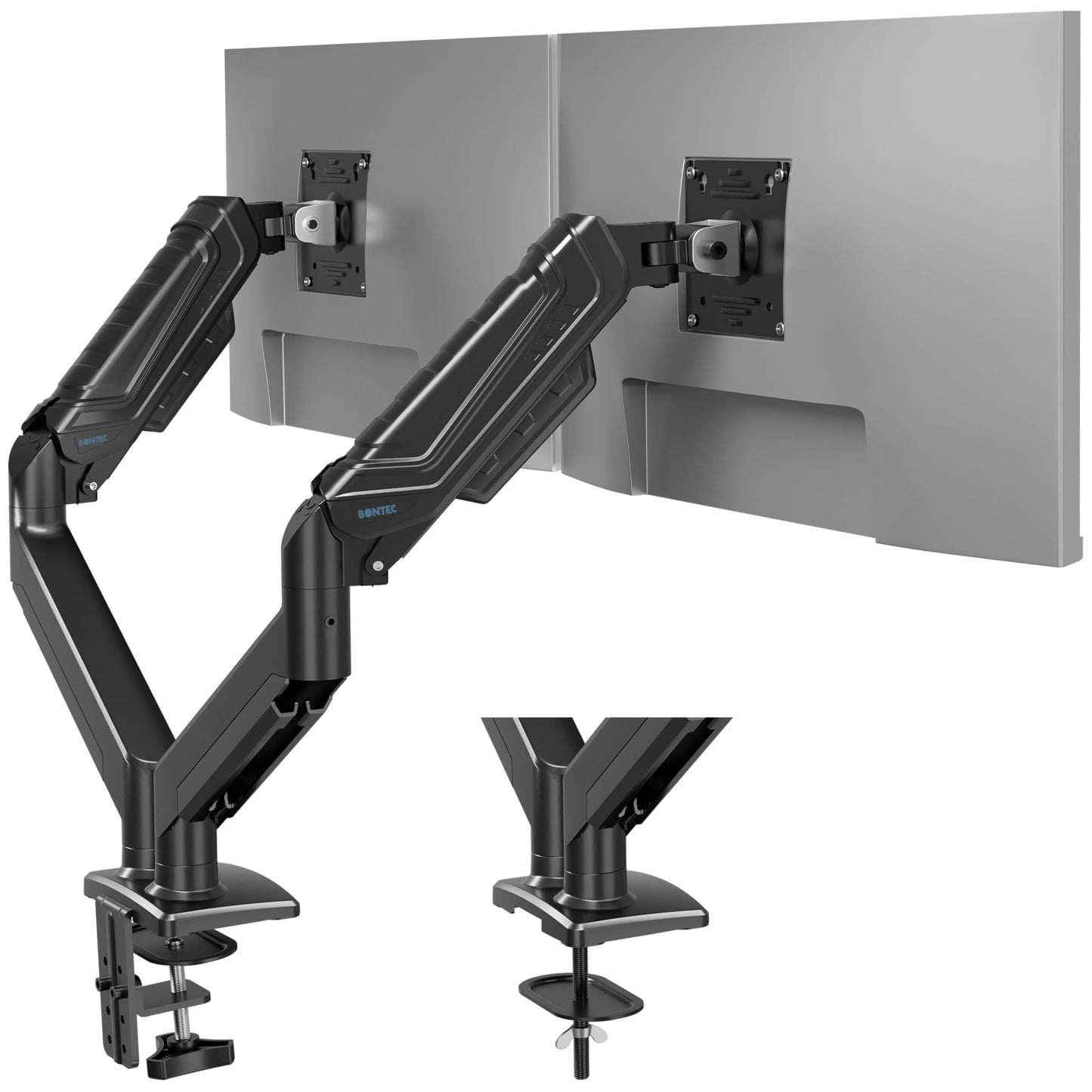 BONTEC Dual Monitor Stand for 15-34 Inch Screens, Adjustable Gas Spring Monitor Arm Desk Mount, Full Motion Adjustment, VESA 75x75 100x100, C Clamp,