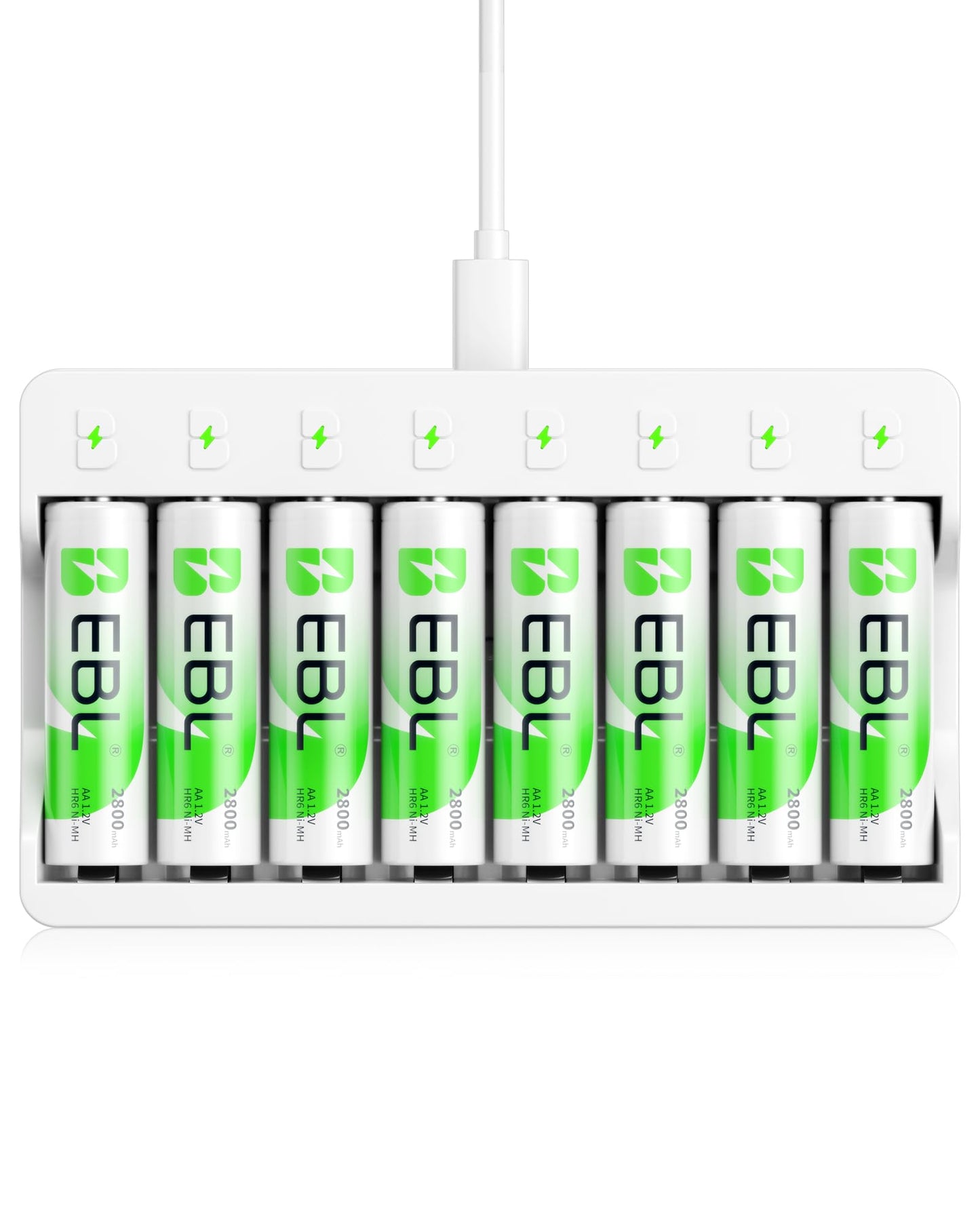 EBL 8 x NIMH 2800mAh AA Rechargeable Batteries with Charger, 8 Slots LED Individual AA Battery Charger with 5V 2A Fast Charging Function with