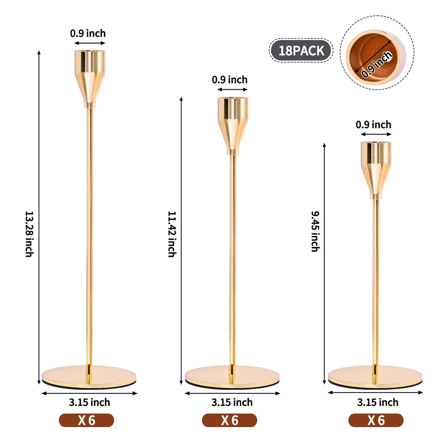 Set of 18 Candle Holders Gold Taper Candlesticks Fits 3/4 Inch Thick Candles, Metal Tall Candle Stand for Wedding, Home Decor, Candlelight