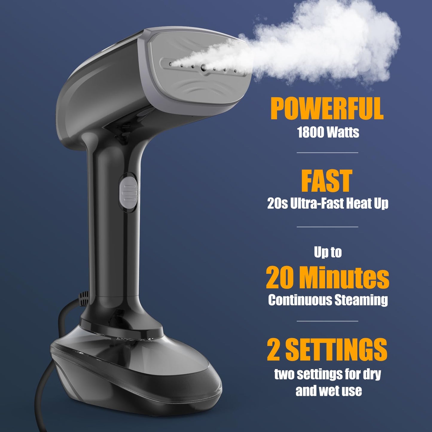 Powerful Handheld Fabric Steamer - 1800W with Fast Ceramic Heat-Up Plate, 2-in-1 Ironing & Wrinkle Remover, Steam Nozzle, Lint Brush - Black, 220V