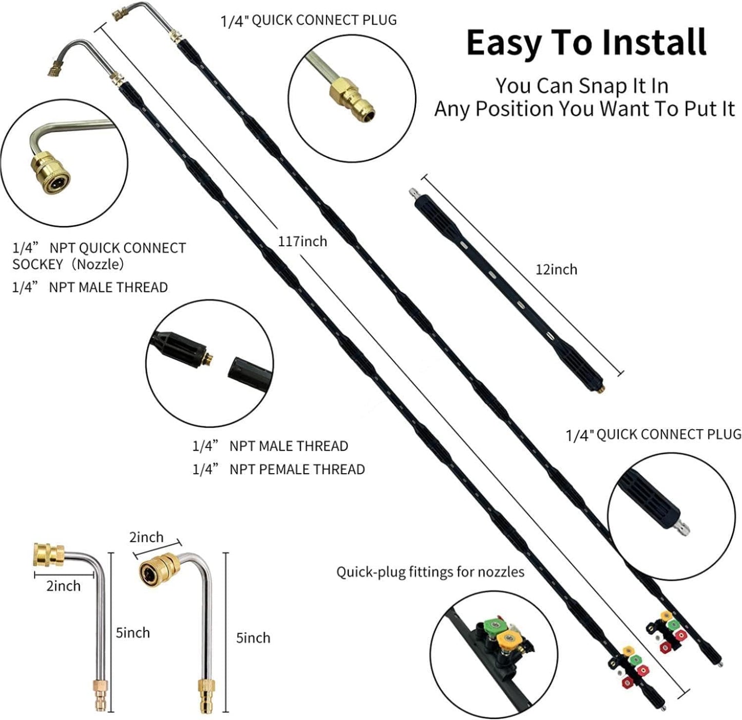 Pressure Washer Extension Wand - 9 Pack Gutter Cleaning Tools Extension Wand, Power Washer Replacement Lance with 5 Nozzle Tips, 1/4" Quick Connect,