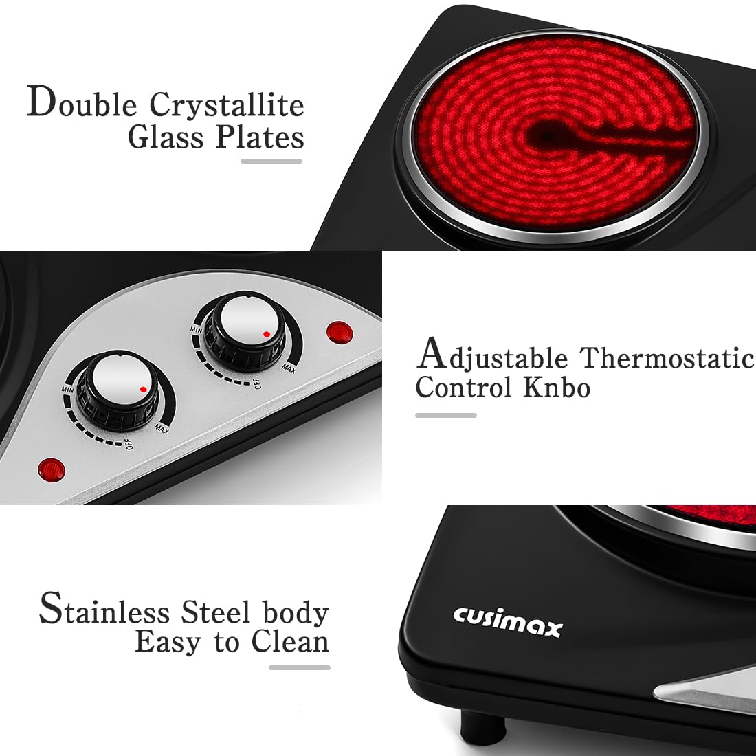 CUSIMAX Electric Hobs, 2100W Electric Hot Plates for Cooking Infrared Double Hot Plate, Portable Electric Hob with Temperature Control & Crystallite