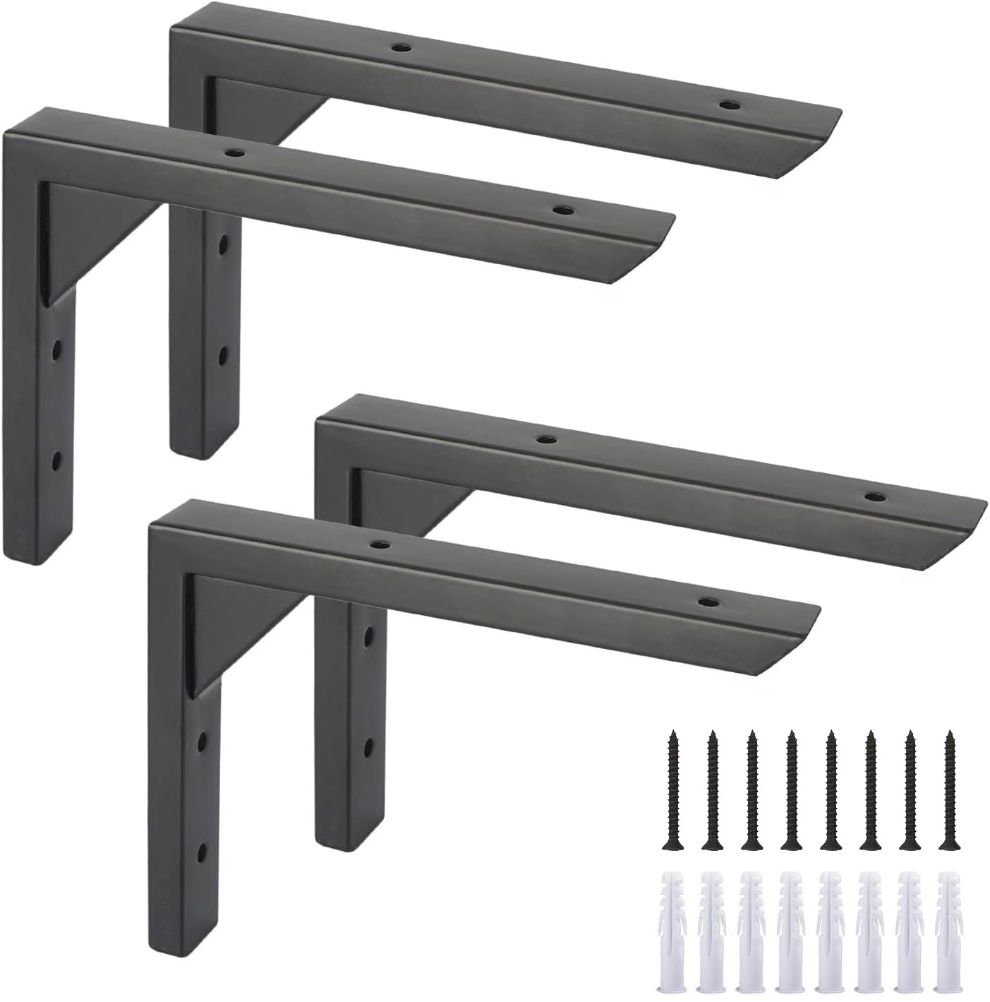 Ouvin Heavy Duty Shelf Brackets 8 inch 4 Pack Wall Mount Black Iron Brackets for Shelves Triangle Sturdy Supports with Screws for Kitchen Bookshelf