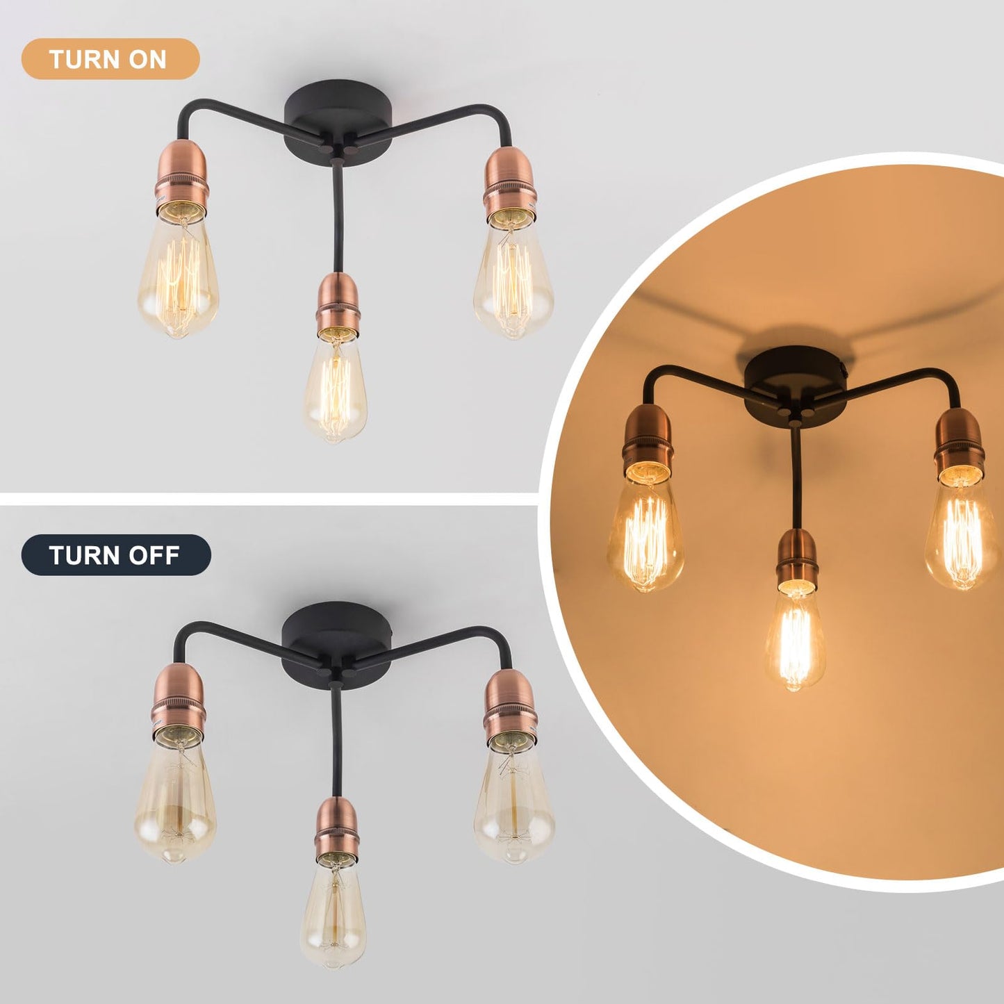 HARPER LIVING 3-Light Chandeliers Ceiling Lights, E27/ES Semi Flush Ceiling Lights Black with Copper Finish, 3x40W Vintage Ceiling Lamp for Living