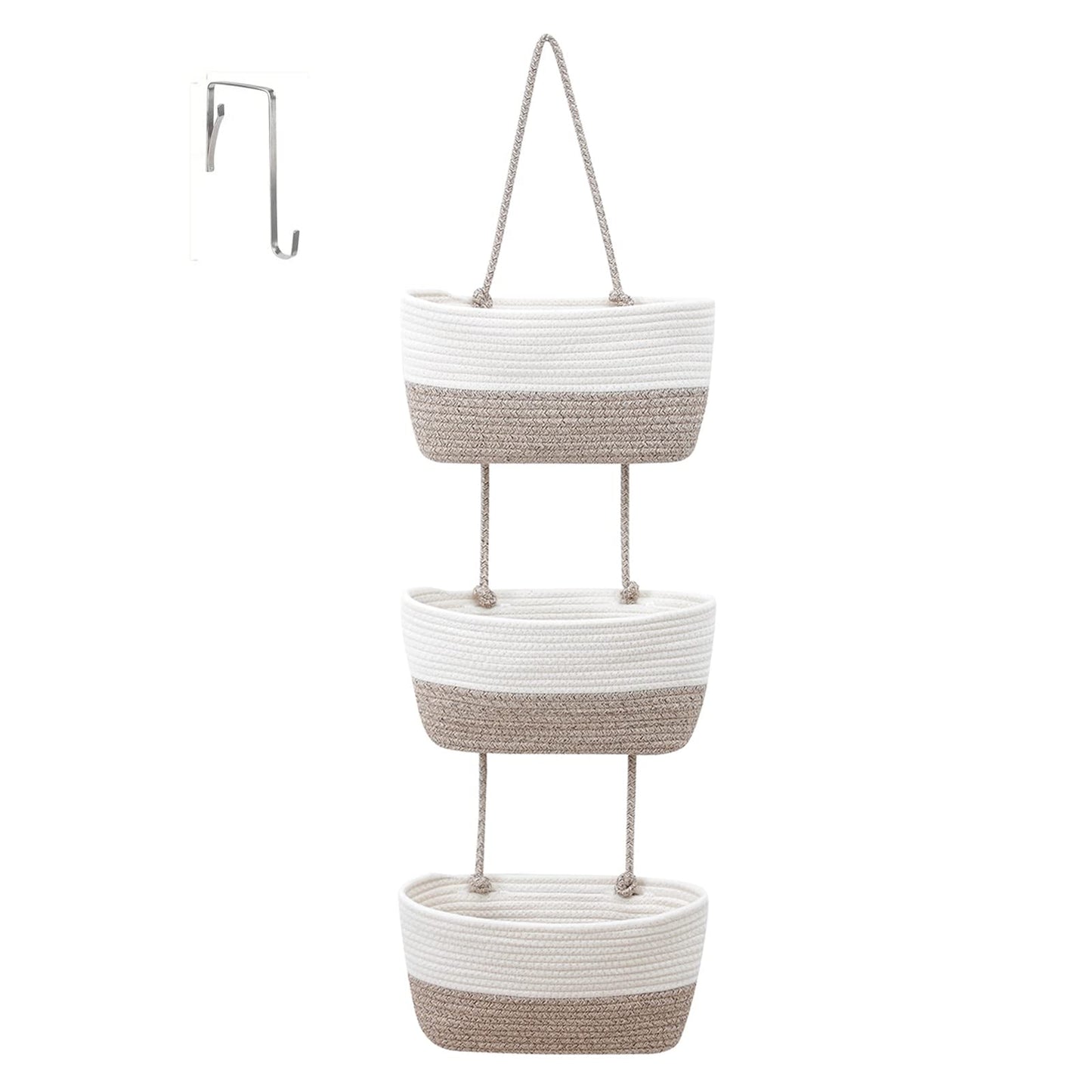 URCheers 3-Tier Over the Door Hanging Basket, Wall Mount Hanging Storage Organiser Woven Rope