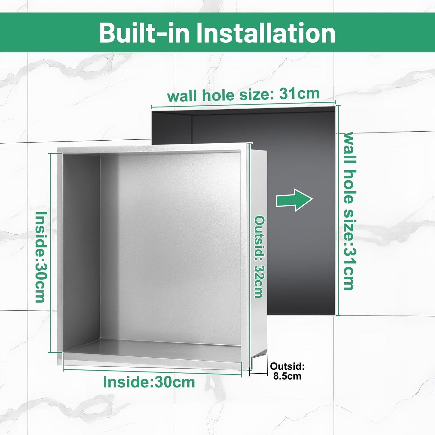 DBREAKS Wall Recess Shower Stainless Steel 32 x 32 x 8.5 cm Shower Enclosure Silver
