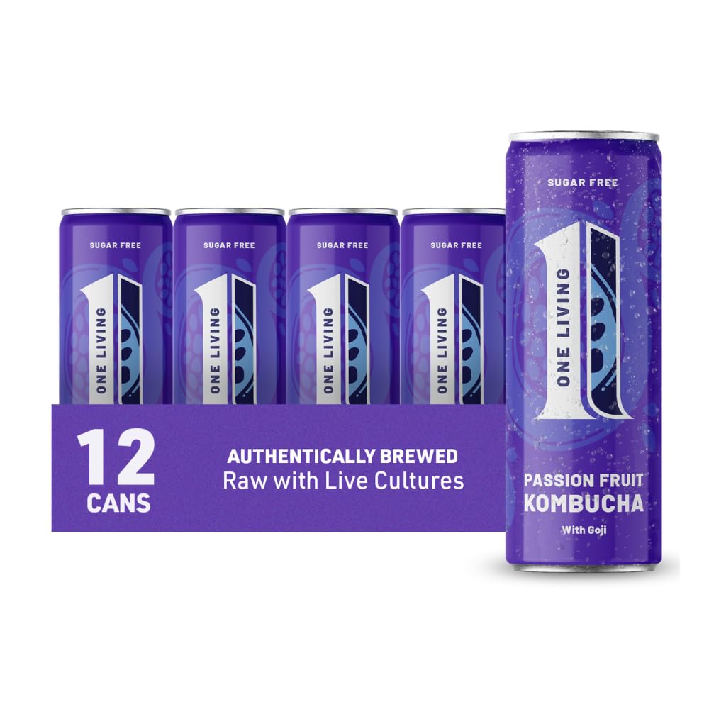 One Living Kombucha Drink ? Passion Fruit & Goji ? 12 x 250ml Cans ? Sugar Free, Great Tasting Authentically Brewed Kombucha with Live Cultures
