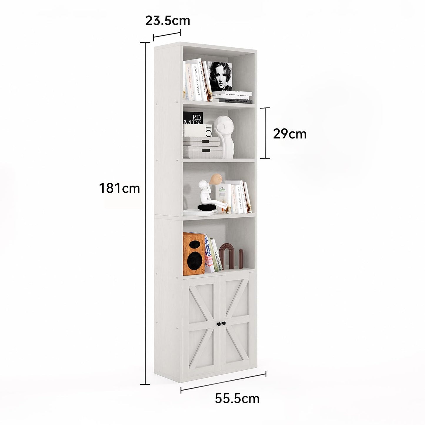 oneinmil Tall Bookshelf, 6 Tier Bookcase with Cabinet Doors, Modern Bookshelves Display Rack, Storage Cabinet for Home, Office, Living Room, White