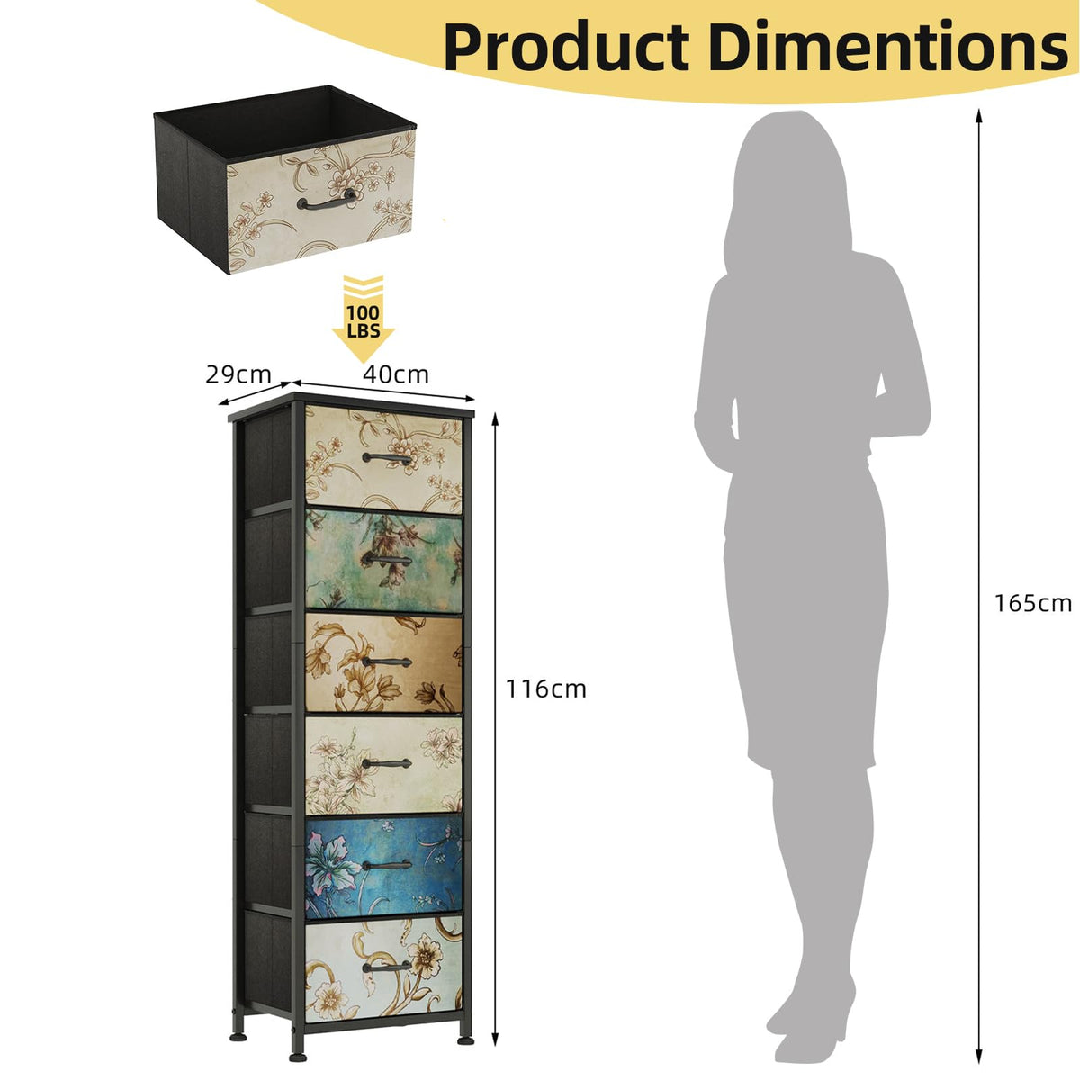 CAIYUN Chest of Drawers Bedroom with 6 Drawers, Tall Fabric Dressers with Flower Printing, Dresser for Entryway Hallway Living Room, Closet Storage