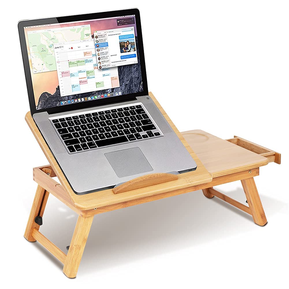 Laptop Desk, Adjustable Tilting Bed Table with Stable Legs Non Slip Stopper Drawer Cup Holder Ventilated for Bed Sofa Natural 53 to 58 cm