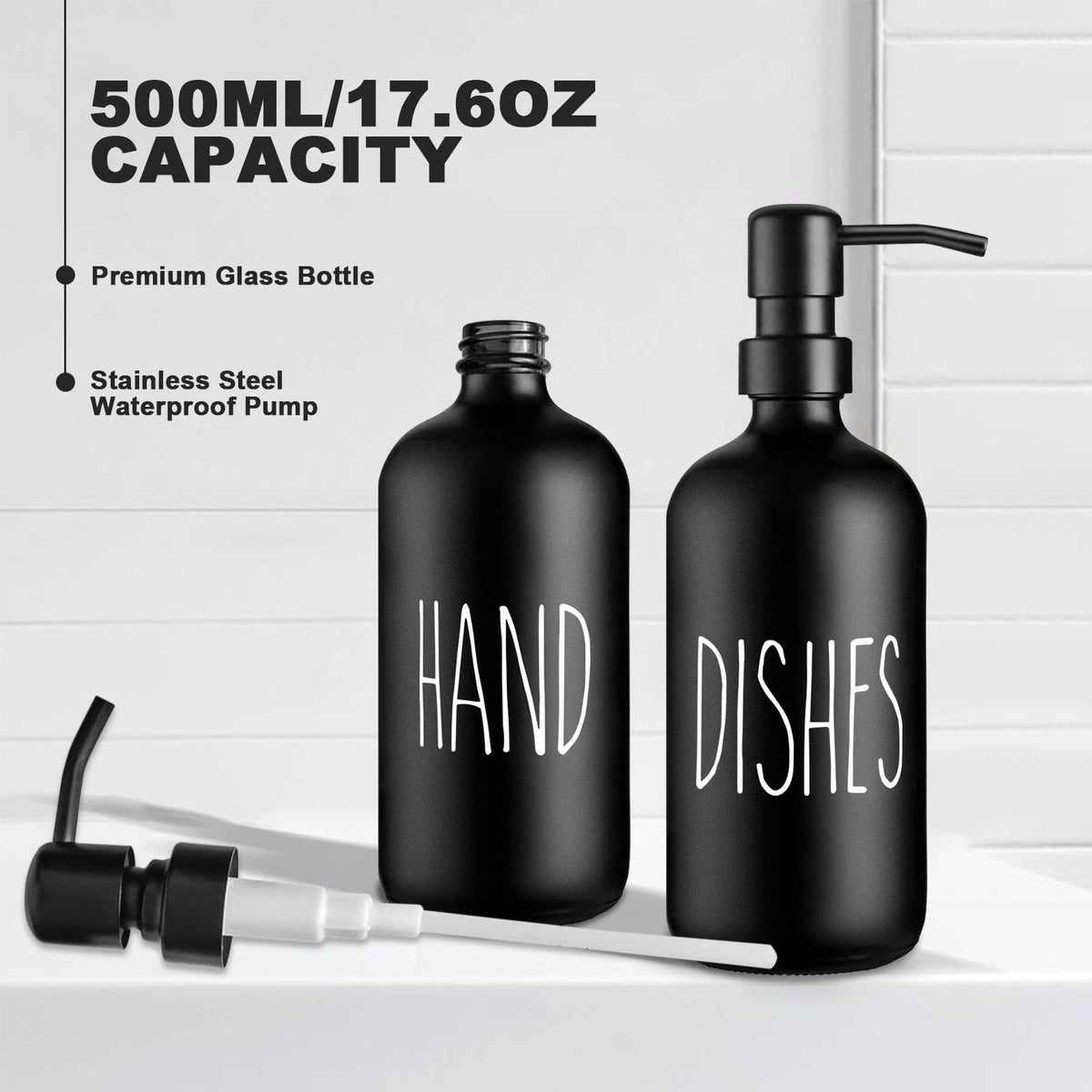 Glass Soap Dispenser Set: Premium 2 Pack Dispenser Bottles with Ceramic Tray 500ML/17oz Farmhouse Soap Lotion Pump Dispensers Refillable Hand Soap