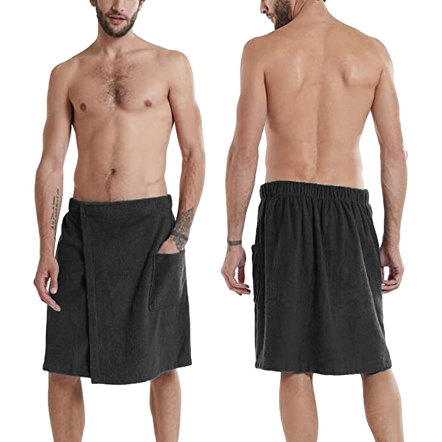 Jamron Mens Adjustable Bath Towel Wrap - Wearable Towel Skirt with Pocket for Gym Shower Sauna Spa & Beach Cover Ups Black L