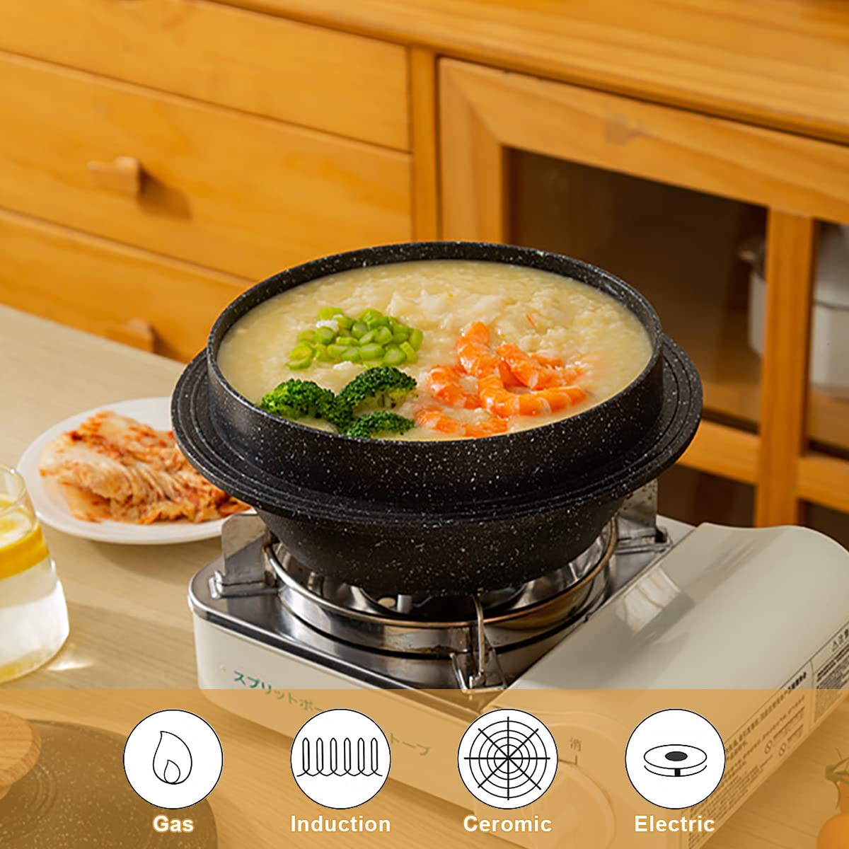 Bobikuke Cast Aluminum Pot with Lid, 24 cm Non-Stick Casserole Dish Korean Stone Bowl Induction Compatible, Black