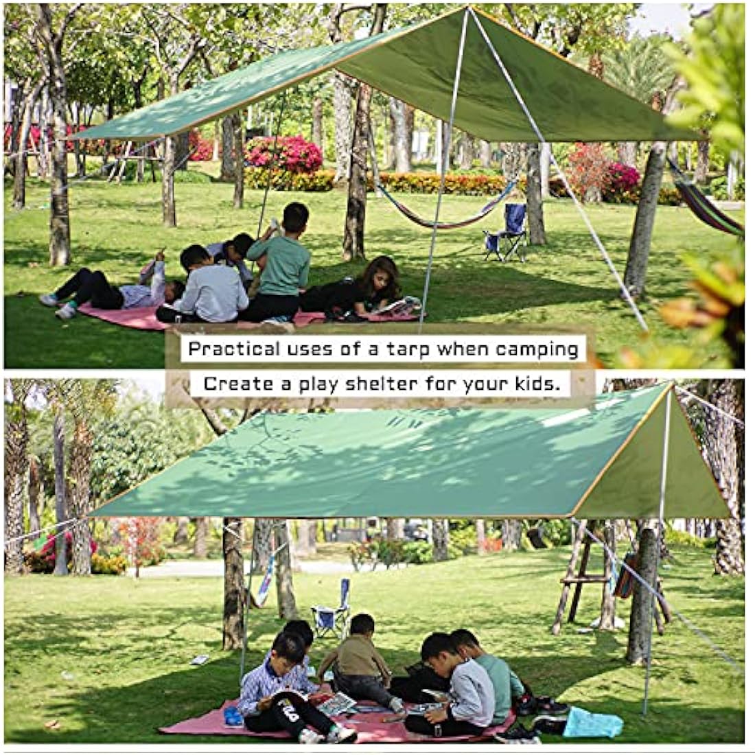 Large Waterproof Camping Tent Tarp with Aluminum Awning Poles Ultralight Rain Shelter Canopy Mutifunctional Bivvy Accessories for Fishing Beach Hiking Outdoor Backpacking Hammock