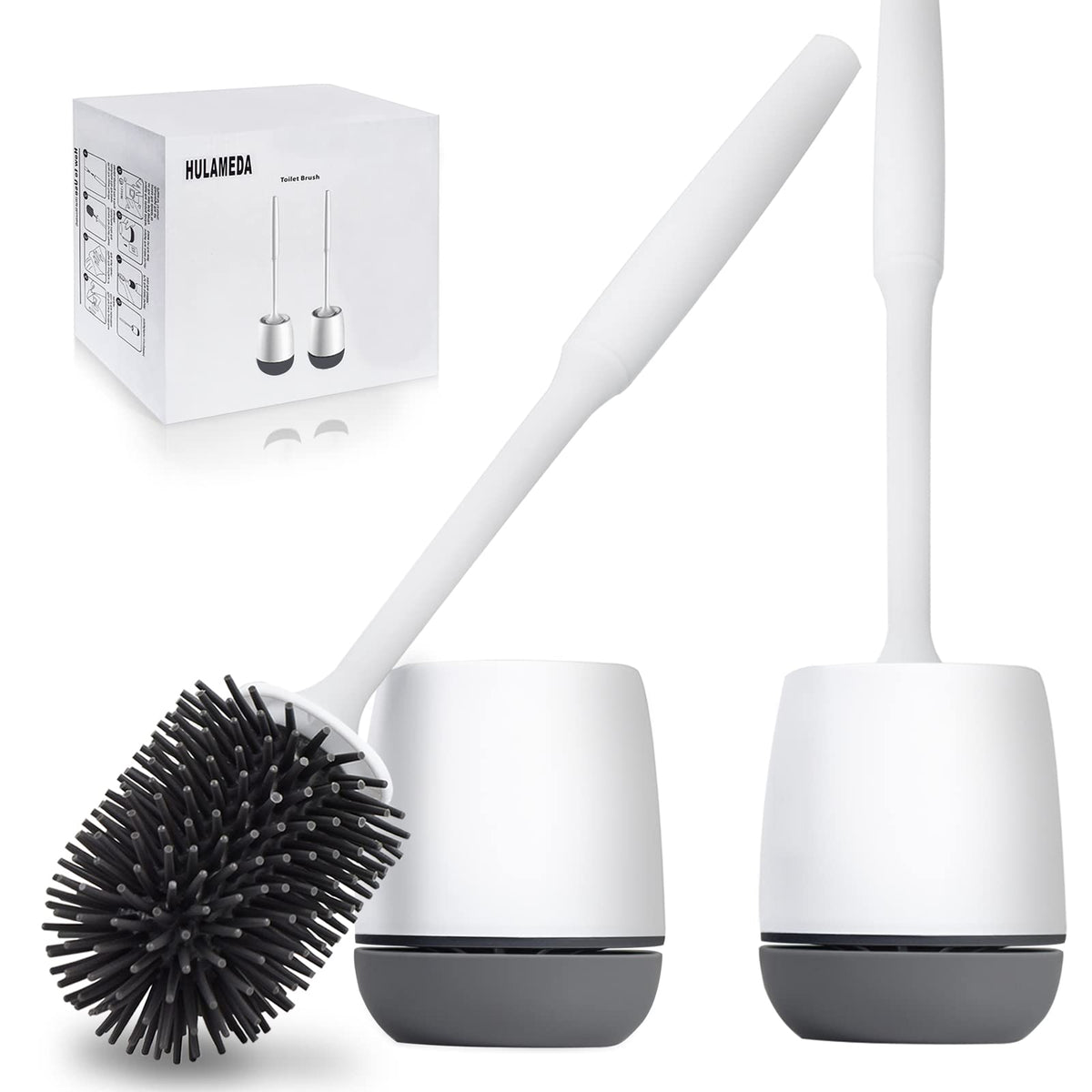 Hulameda Toilet Brush and Holder 2 Pack, Silicone Toilet Cleaning Brush with Quick Drying Holder, 3.2 x 5.5 Inches, Gray & White, (Flooring/Mounted