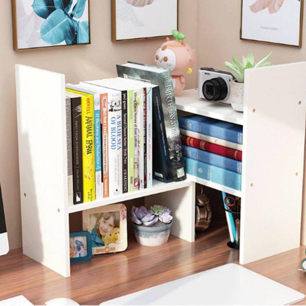 Esilihom Book Shelf, Desk Shelf, Adjustable Book Shelf for Desk, Desktop Bookshelf, Small Bookcase, White