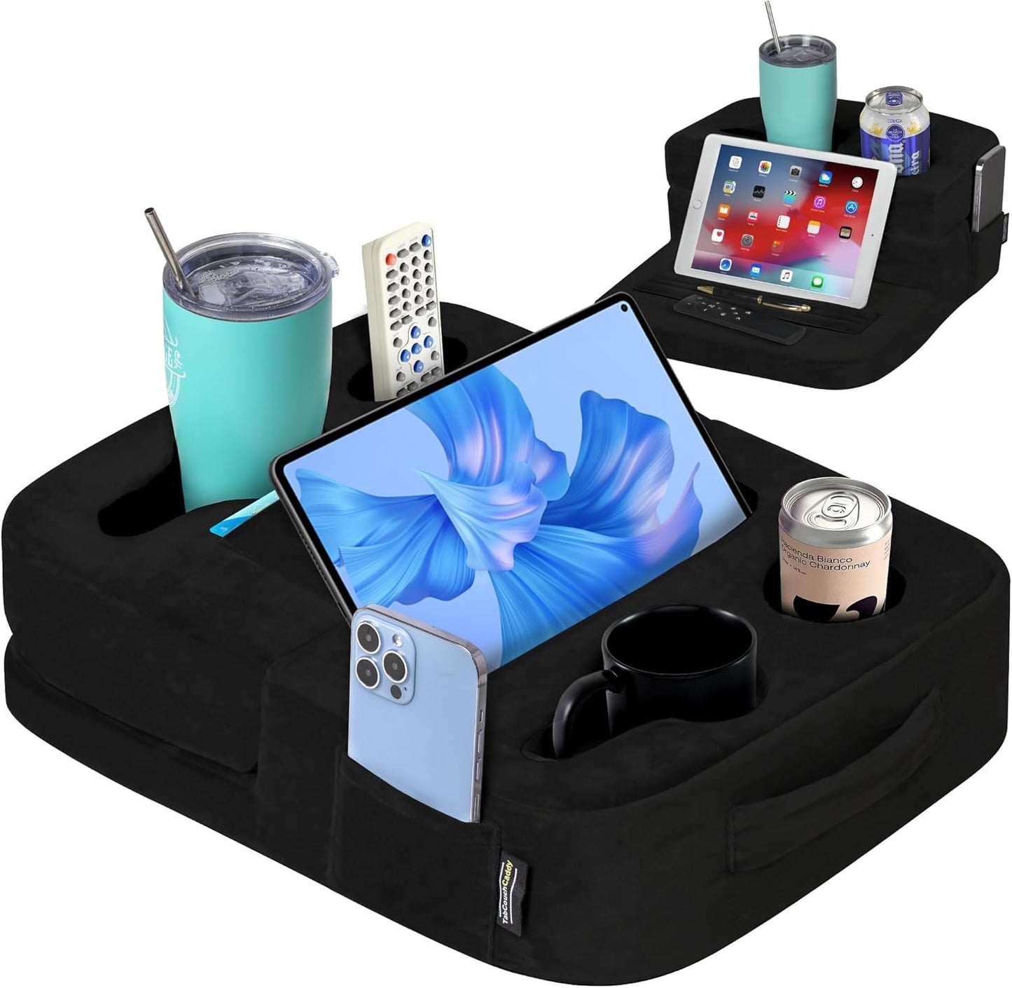 TabCouchCaddy - Cup Holder Tray and Tablet Stand – Bed, Sofa, RV, and Car – Can Hold Drinks, Snacks, Remote Controls, Phones, Tablets, iPad