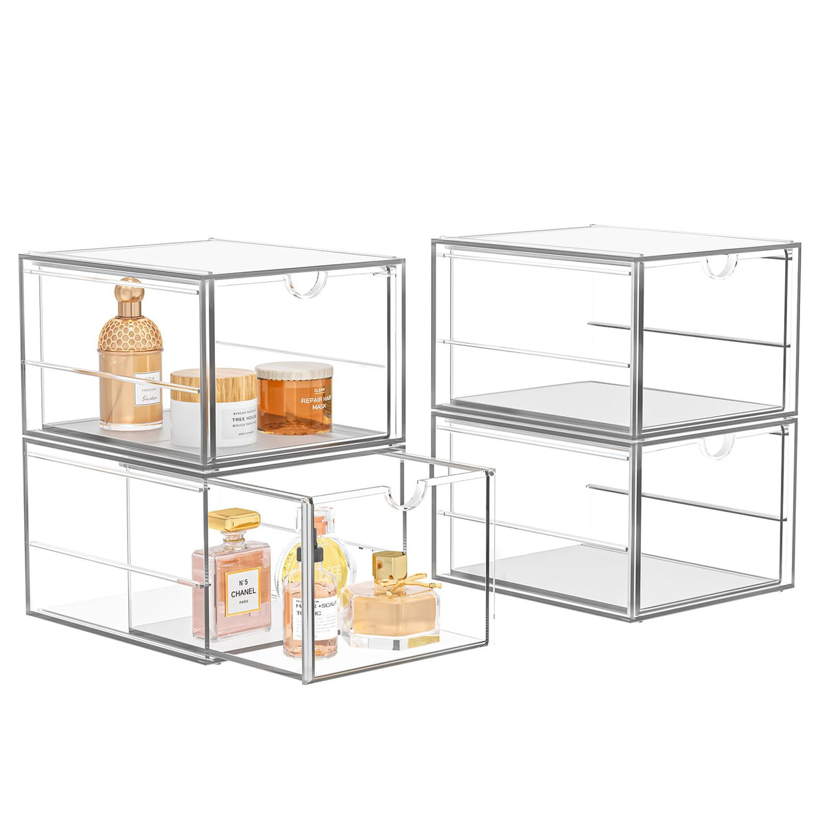 4 Pack Stackable Storage Drawers, Acrylic Cosmetic Drawer, Clear Desk Accessories, Latest Model Dustproof Drawer Storage for Dresser, Bathroom