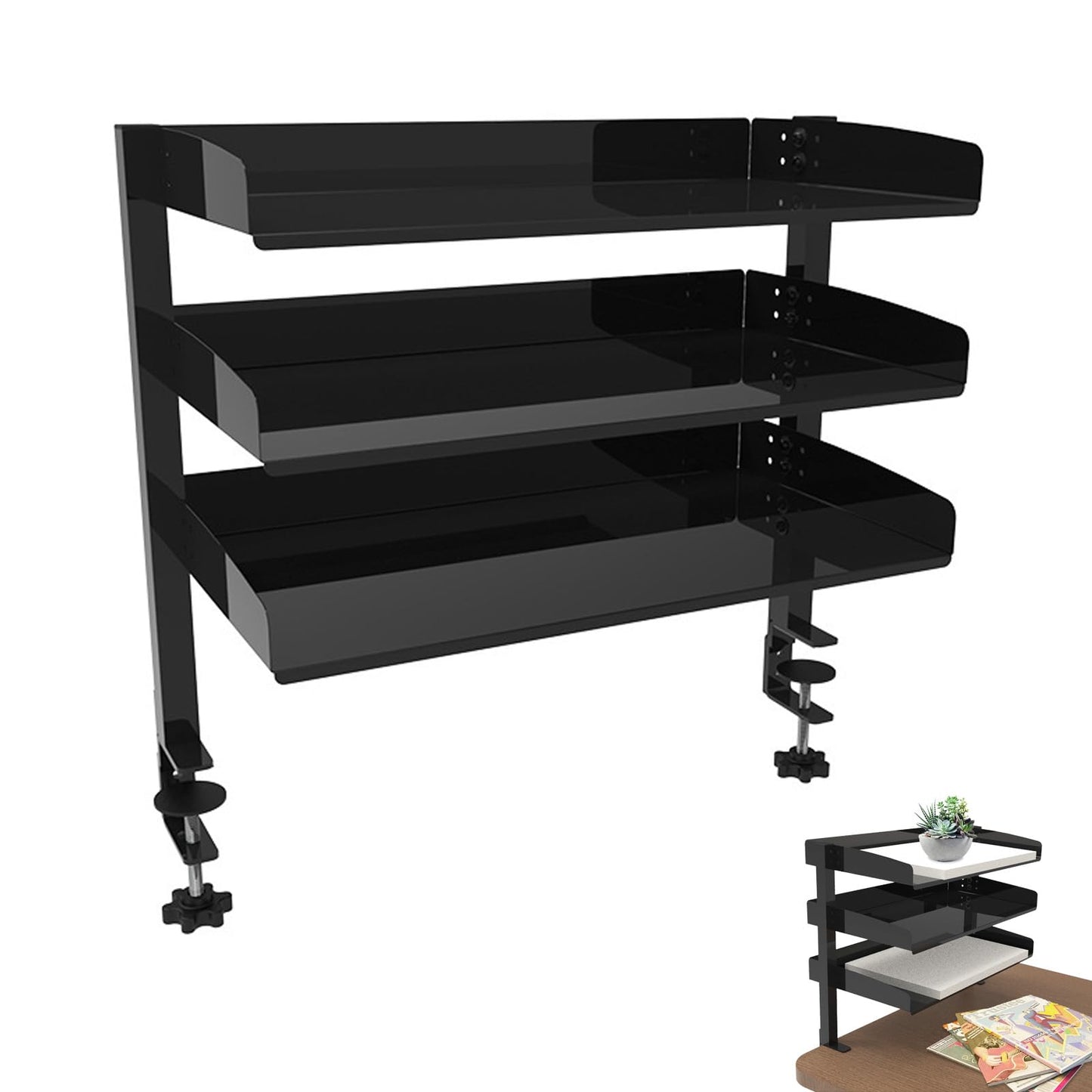 Ysislybin Desk Shelf, Clampable Desk Organizer Shelf, 3-Tier Clip-On Table Frame, Black Storage Rack, Table Top Rack for Home, Office And School