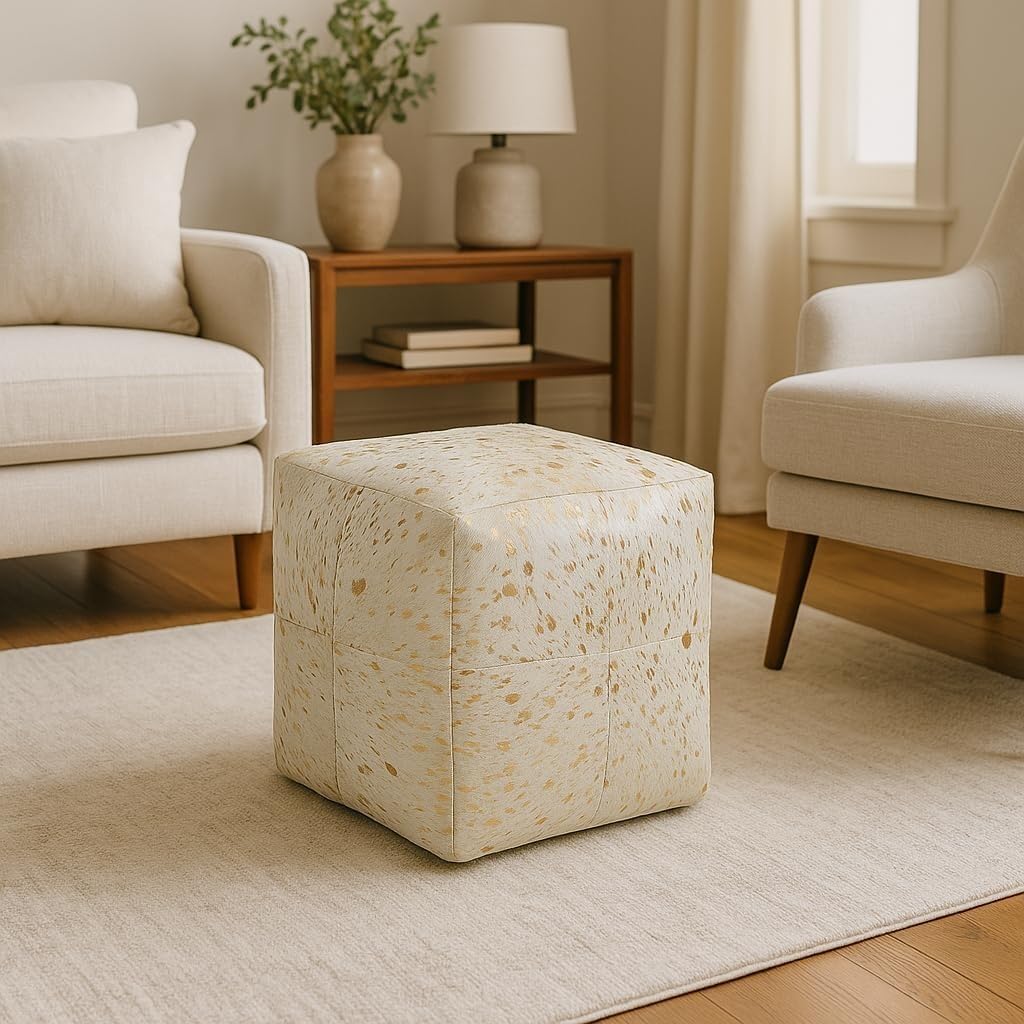 Heaven Hush Unstuffed Pouffe Cover Ottoman Handmade Hair-on Leather Pouf Cover only Genuine Cowhide Square Footrest Footstool Seat for Balcony Office