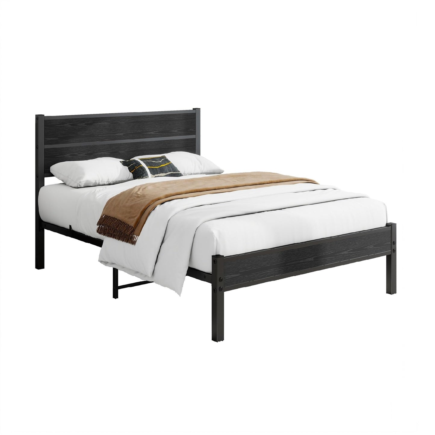 DUMEE Single Bed Frame with Wooden Headboard and Footboard, Metal 3ft Wooden Bed Frame Under Bed Storage, Enhanced Support Noise Free, Black