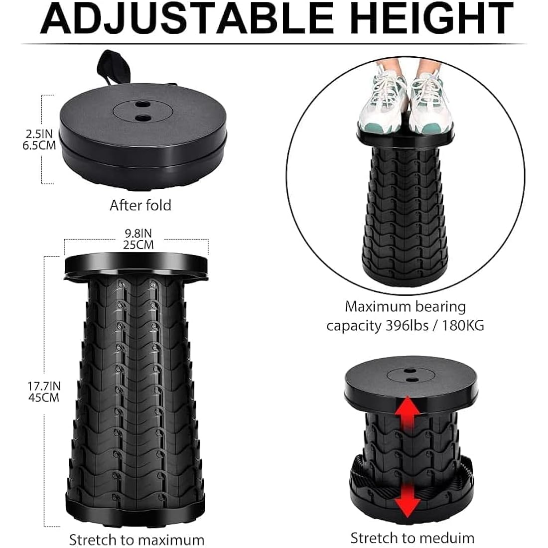 LUXJET Portable Folding Stool Lightweight Yet More Sturdy with Load Capacity 180KG, Retractable Plastic Foldable Collapsible Stool for Camping Fishing Hiking BBQ Outdoors Indoors Kitchen
