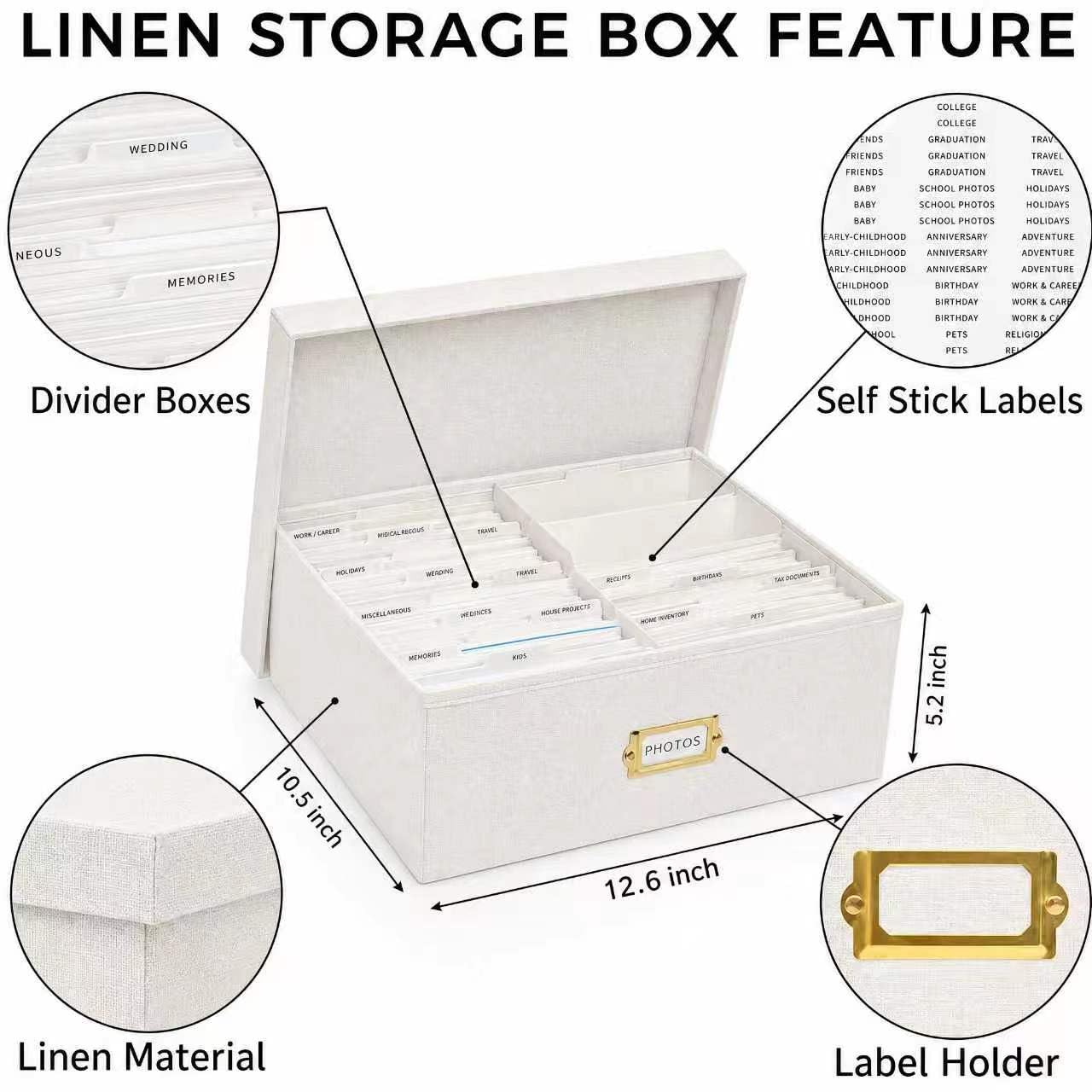 kroucoco Linen Photo Storage Box,hold up to 1700 Photos of 4x6”,Photo Containers with Dividers,Photo Storage Organizer with Lid for