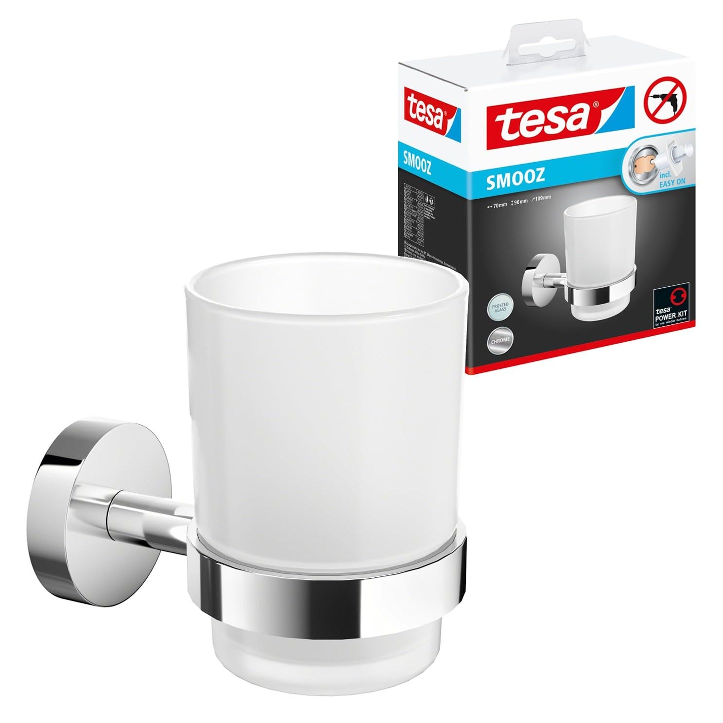 tesa SMOOZ Toothbrush and Toothpaste Holder - No Drill Wall Mounted Satined Cup with Chrome-Plated Holder, Stainless - Waterproof