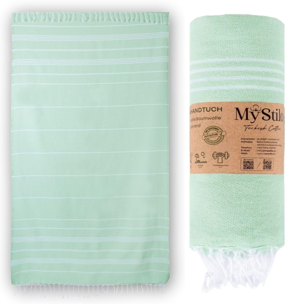 MyStilo 100% Recycled Cotton Hammam Towel - Sustainable and Natural - Sauna, Beach, Shower, Bath, Yoga Towel - Mint Green - 100 x 200 cm