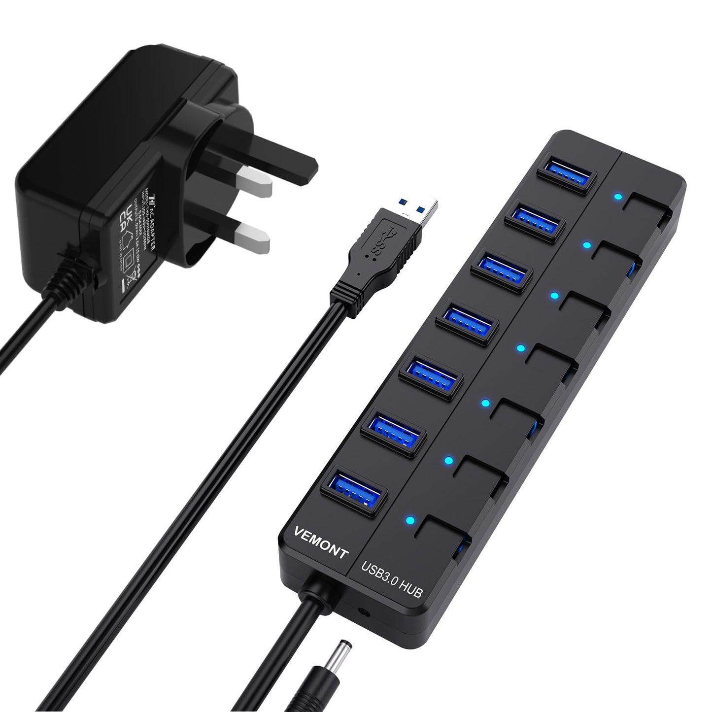 Powered USB Hub,VEMONT 7 ports SuperSpeed USB 3.0 Hub with Power Supply,USB Splitter Powered with Individual on/off LED Switches and 3.9ft/1.2m Long