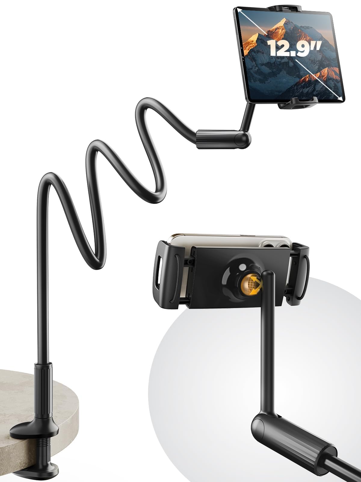 SAIJI [120CM] Gooseneck Tablet Holder for bed, One-Hand Adjustable iPad holder, kindle holder for reading in bed, Compatible with iPad iPhone, Fire,