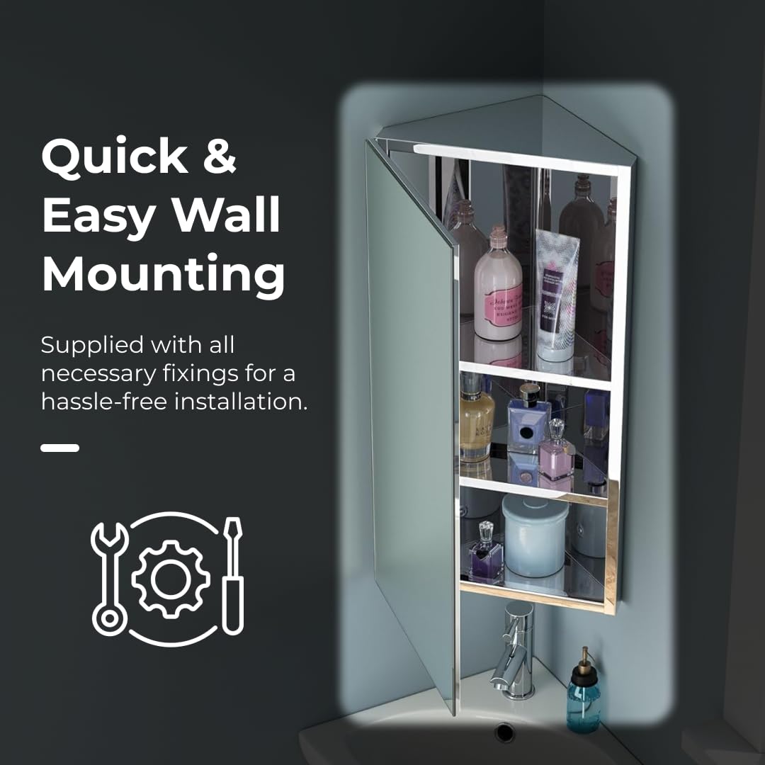 iBathUK Storvue Wall Mounted Corner Bathroom Mirror Cabinet, Frameless Triangular Silver Mirror, Magnetic Catch, Modern Bathroom Storage
