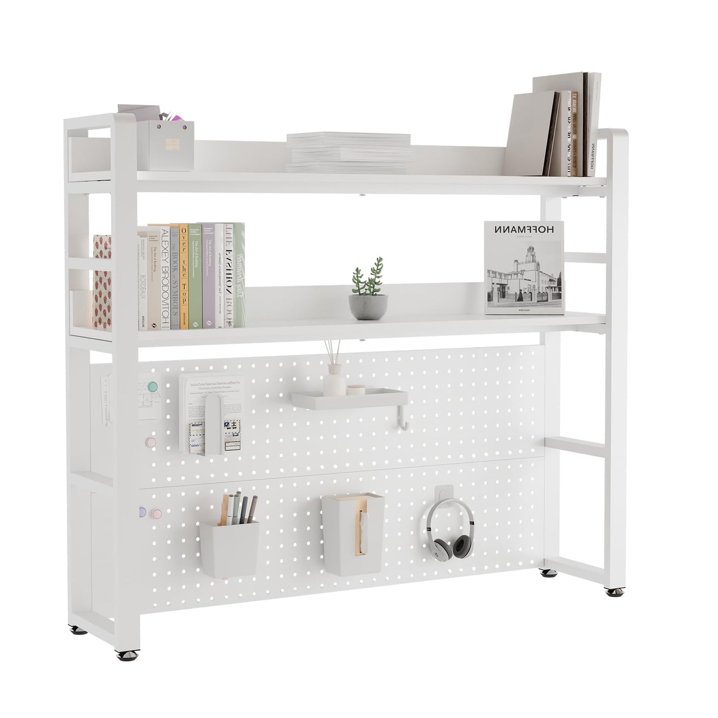 Boltmol 2-Tier Desk Shelf With Concealed Screws Design,White 110CM, Desktop Organizer With Pegboard, Countertop Storage Bookcase For Home