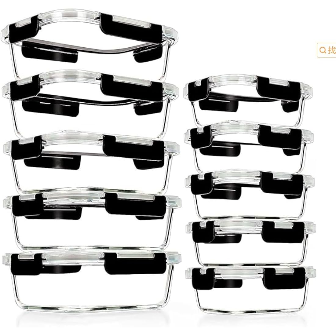 Glass Containers with Lids, 10 Pack Airtight Glass Meal Prep Containers, Glass Food Storage Containers, Reusable, Stackable, Microwave, Oven, Freezer and Dishwasher, 1050ml & 370ml (Black)