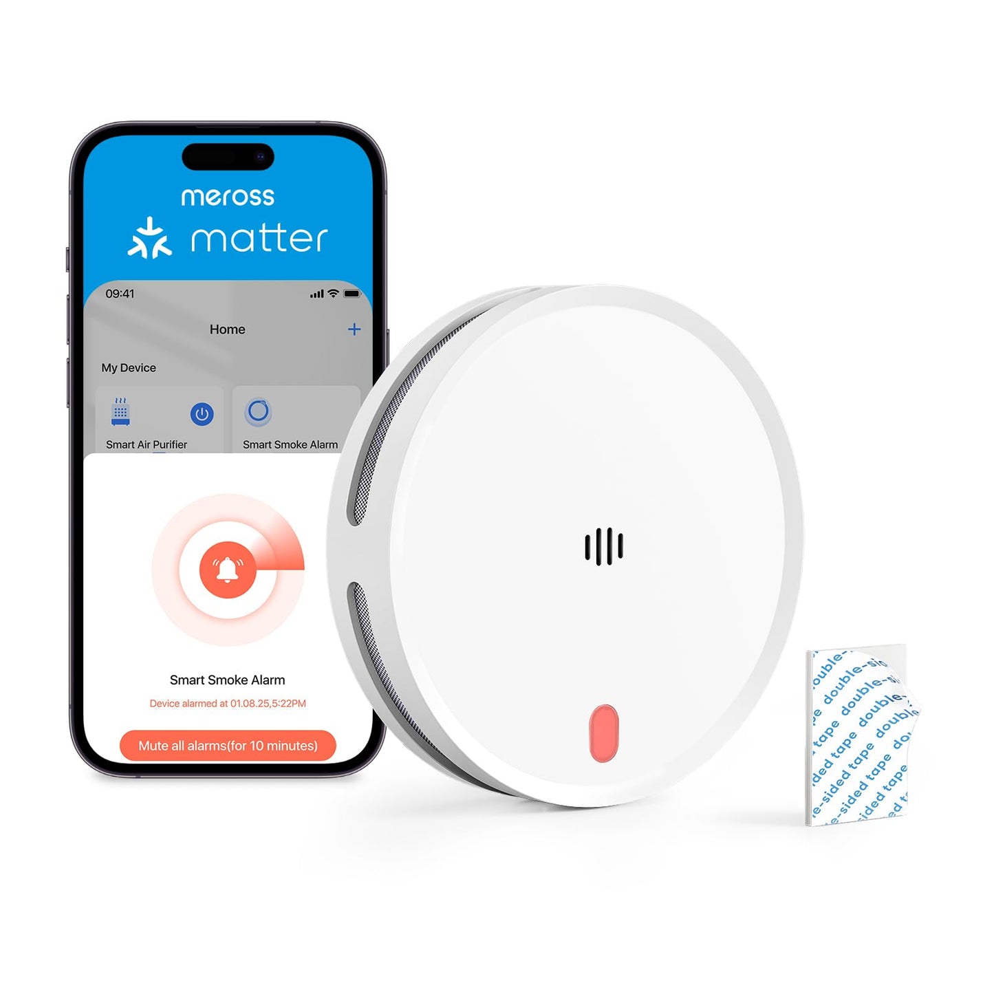 Meross Smart Smoke Alarm MA151 (Hub Required), 10-Year Lifespan WiFi Smoke Detector Works with App, HomeKit, Alexa, Google Home and Home Assistant,